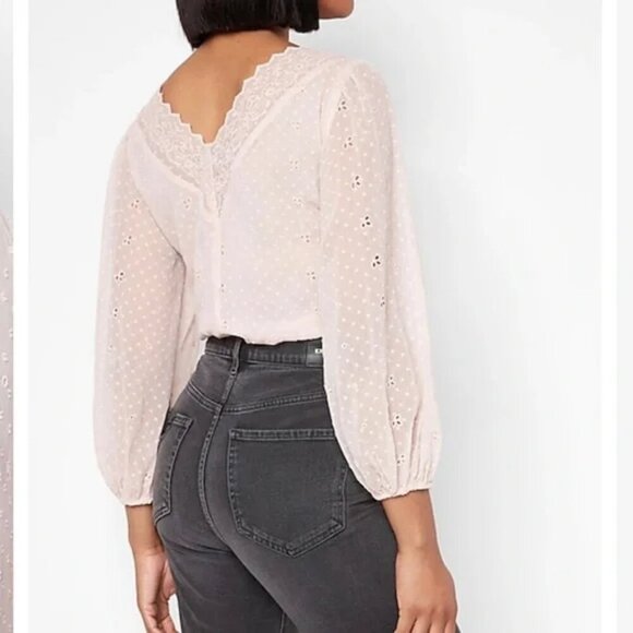 Express Surplice Blush Pink Eyelet Lace Wrap Long Sleeve Bodysuit Top - Picture 4 of 13